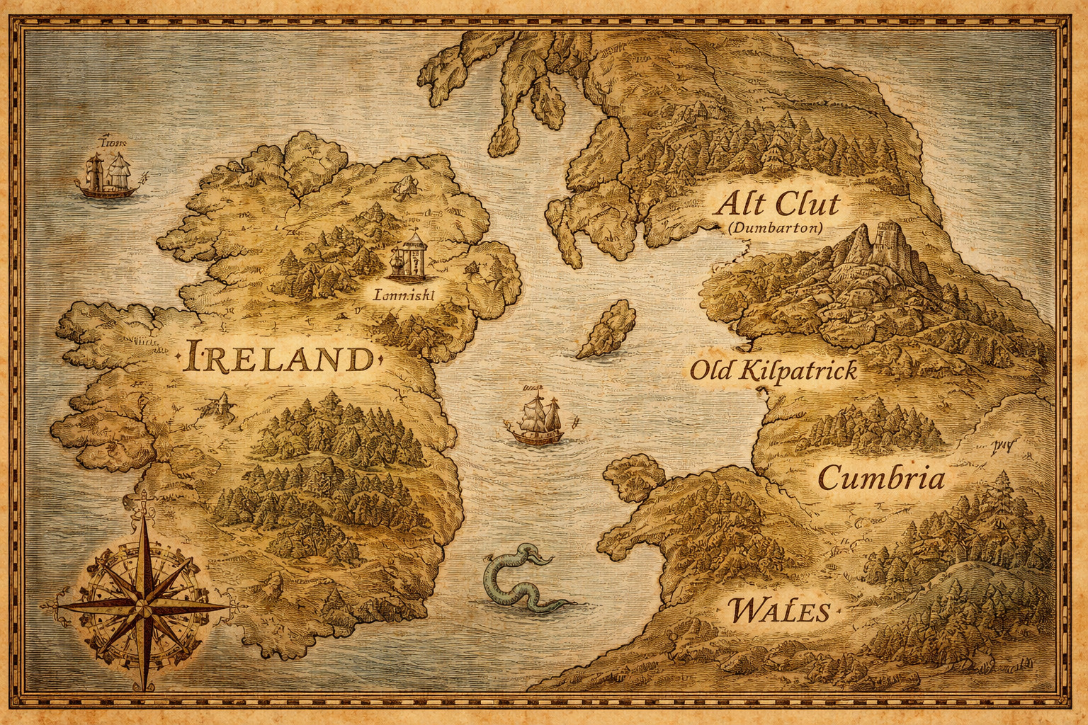 Illustrated reader's map of Ireland, Alt Clut, Old Kilpatrick, Cumbria, and Wales